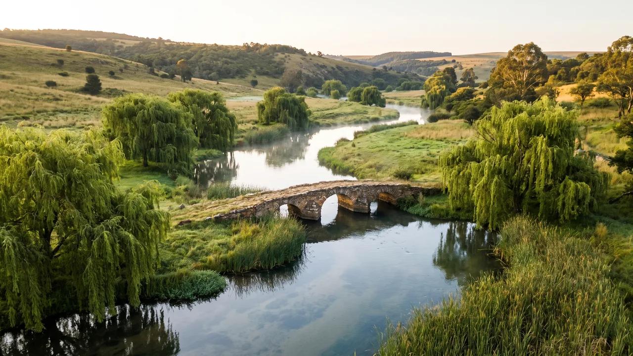 Le Né, petite rivière claire du Blanzacais serpentant entre saules et prairies humides, petit pont de pierre, lumière dorée