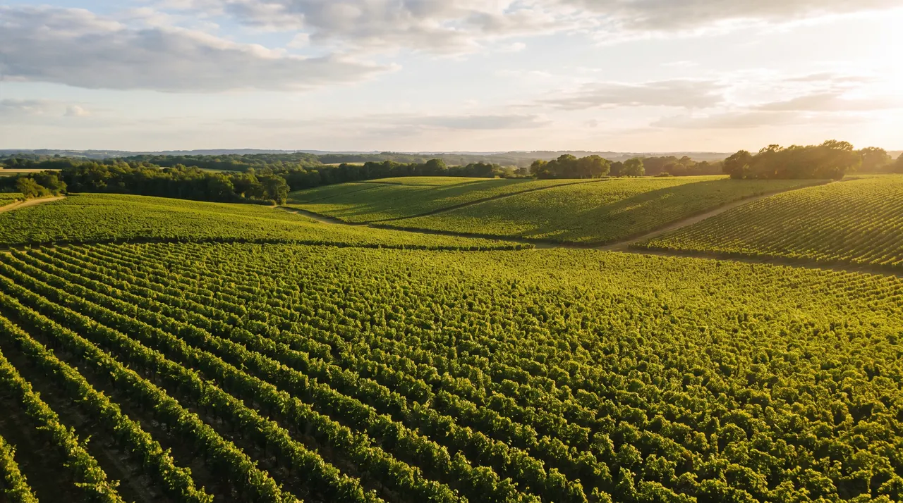 Rangs de vignes de cognac sur un coteau crayeux du Blanzacais, feuillage vert vif sous une lumière chaude de fin de journée