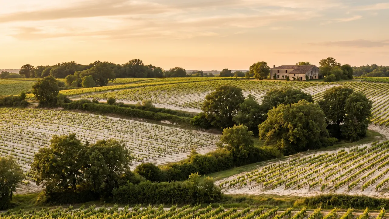 Campagne vallonnée du Blanzacais en Charente, champs de terre claire, vignes, haies et bosquets de chênes