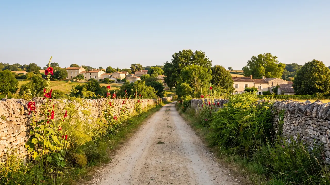 Chemin de campagne en bordure d'un village du Blanzacais, murs de pierre sèche, roses trémières et maisons claires