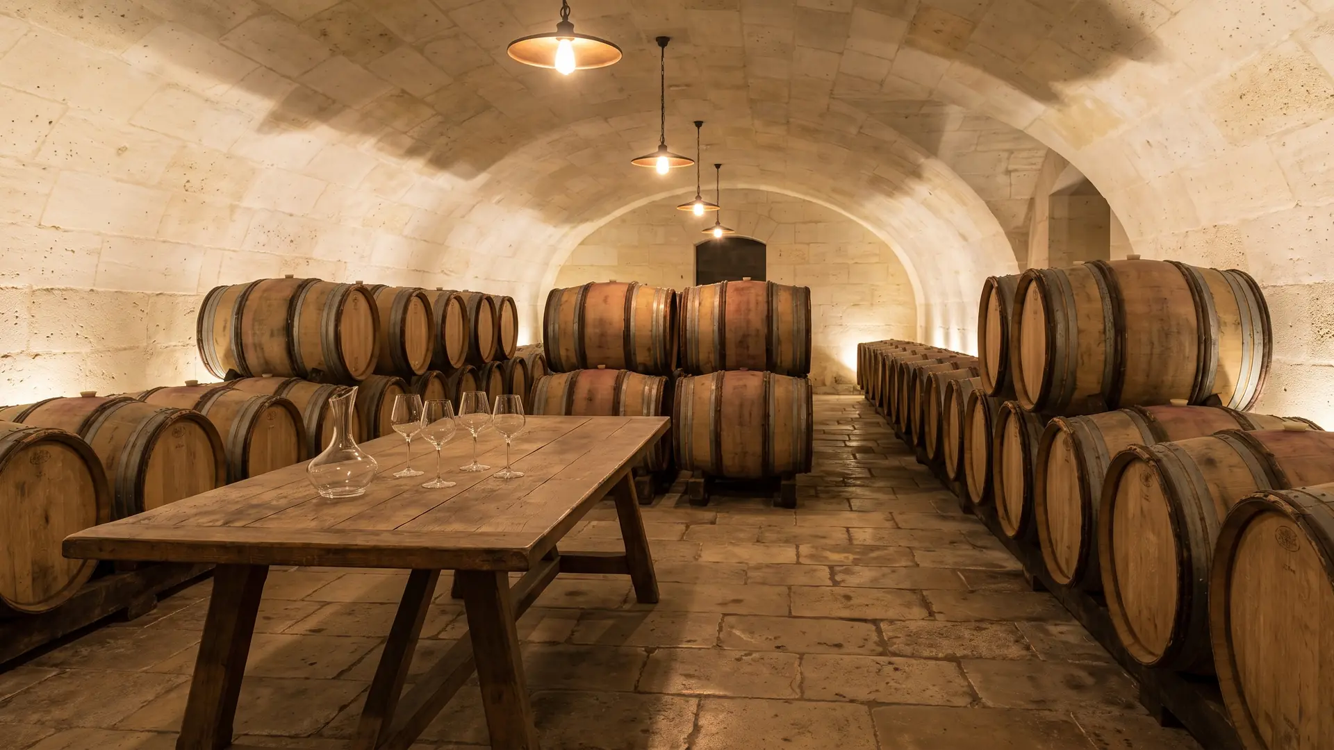 Barriques de chêne dans un chai traditionnel du Blayais