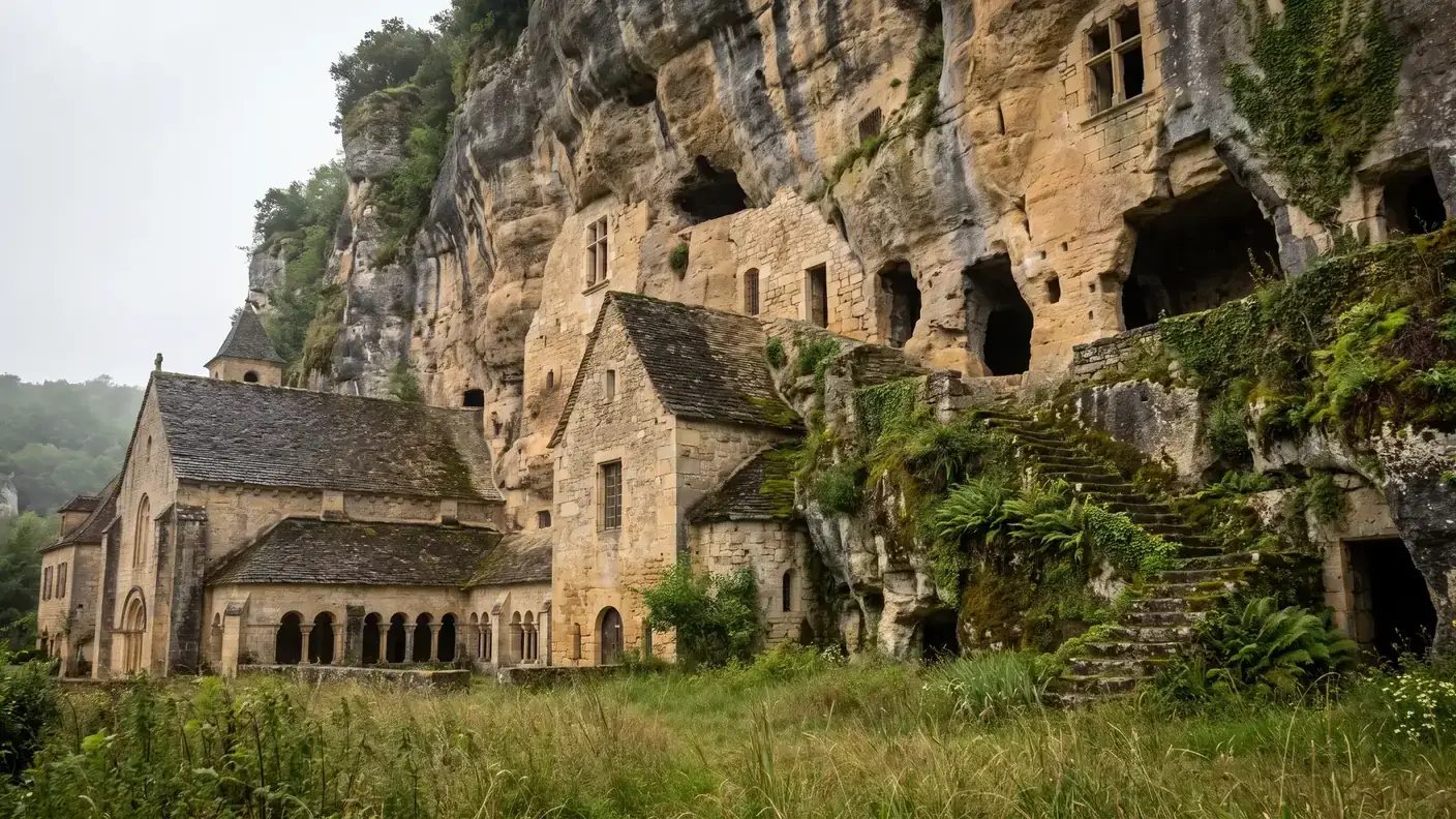 Falaise calcaire dorée de Brantôme criblée de cavités troglodytiques médiévales derrière les bâtiments de l'abbaye