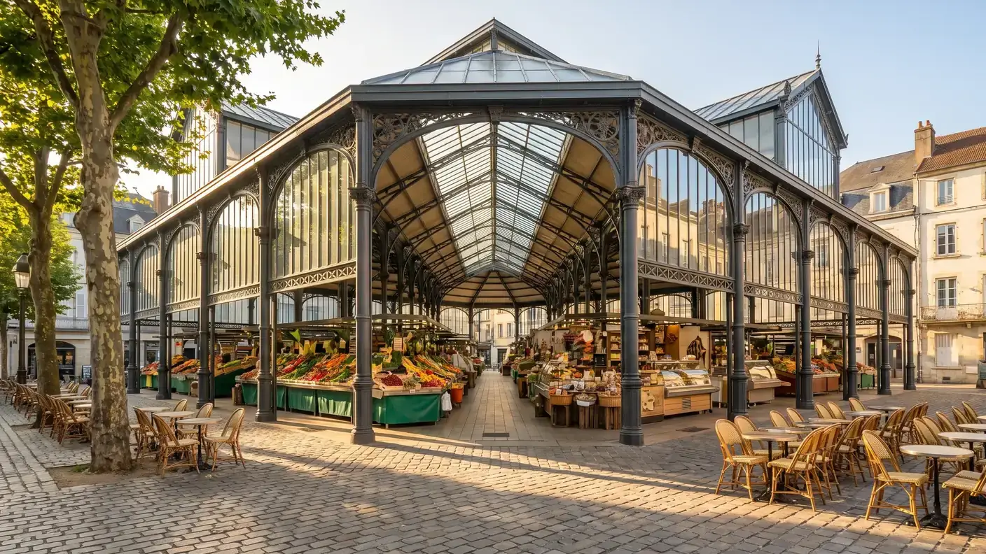 Sous la halle du marché : étals de cèpes, noix, fromages et conserves du pays de Brive