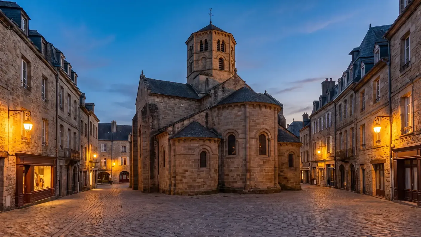 Collégiale romane en grès chaud sur sa place, évocation de Saint-Martin de Brive