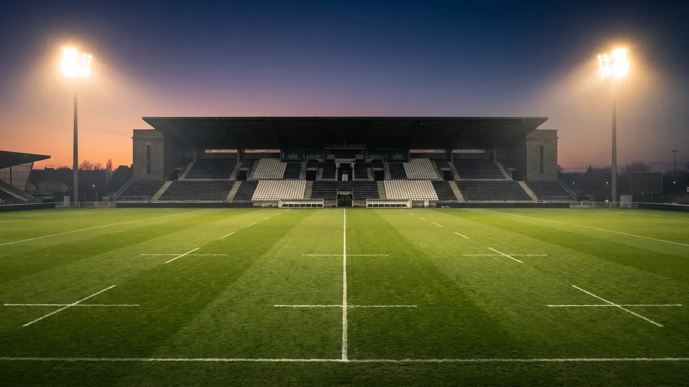 Stade de rugby aux tribunes noir et blanc sous les projecteurs au crépuscule, évocation du stade Amédée-Domenech