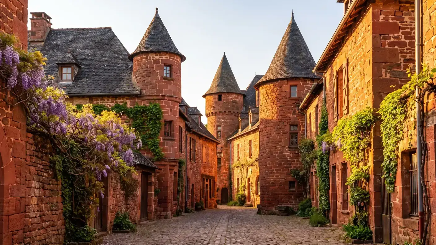 Village médiéval tout en grès rouge aux tourelles coiffées de lauzes, évocation de Collonges-la-Rouge
