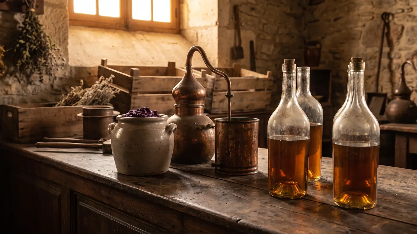 Pot de moutarde violette de Brive, verre de liqueur de noix et cerneaux sur une table de bois