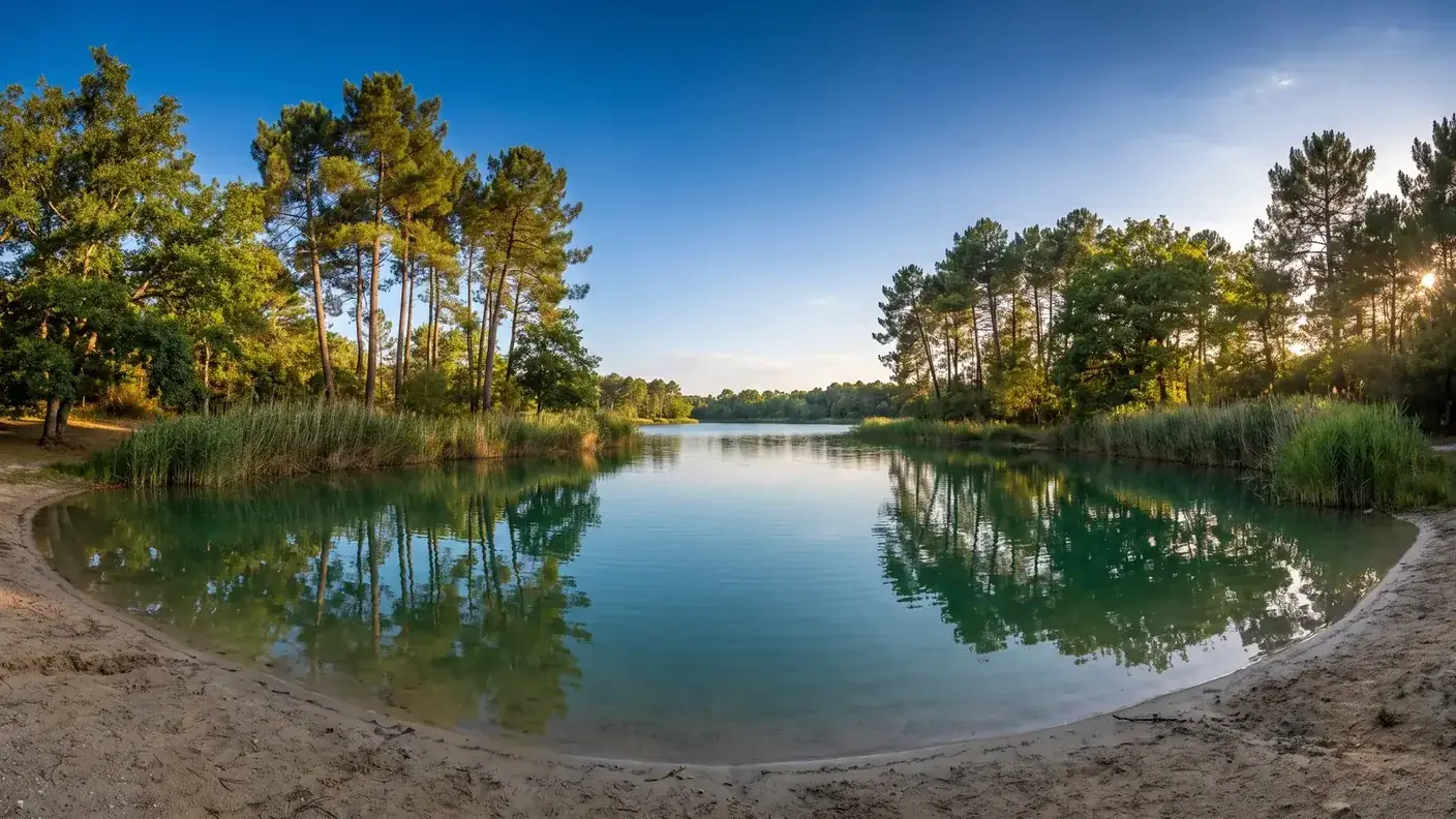 Un étang de loisirs à la lisière d'une forêt de pins et de chênes en Charente, eau calme vert-bleu, plage de sable, roseaux
