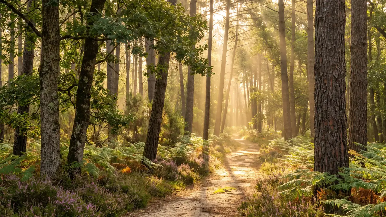Une forêt de pins maritimes et de chênes de la Double saintongeaise en Charente, sous-bois de fougères et de bruyère