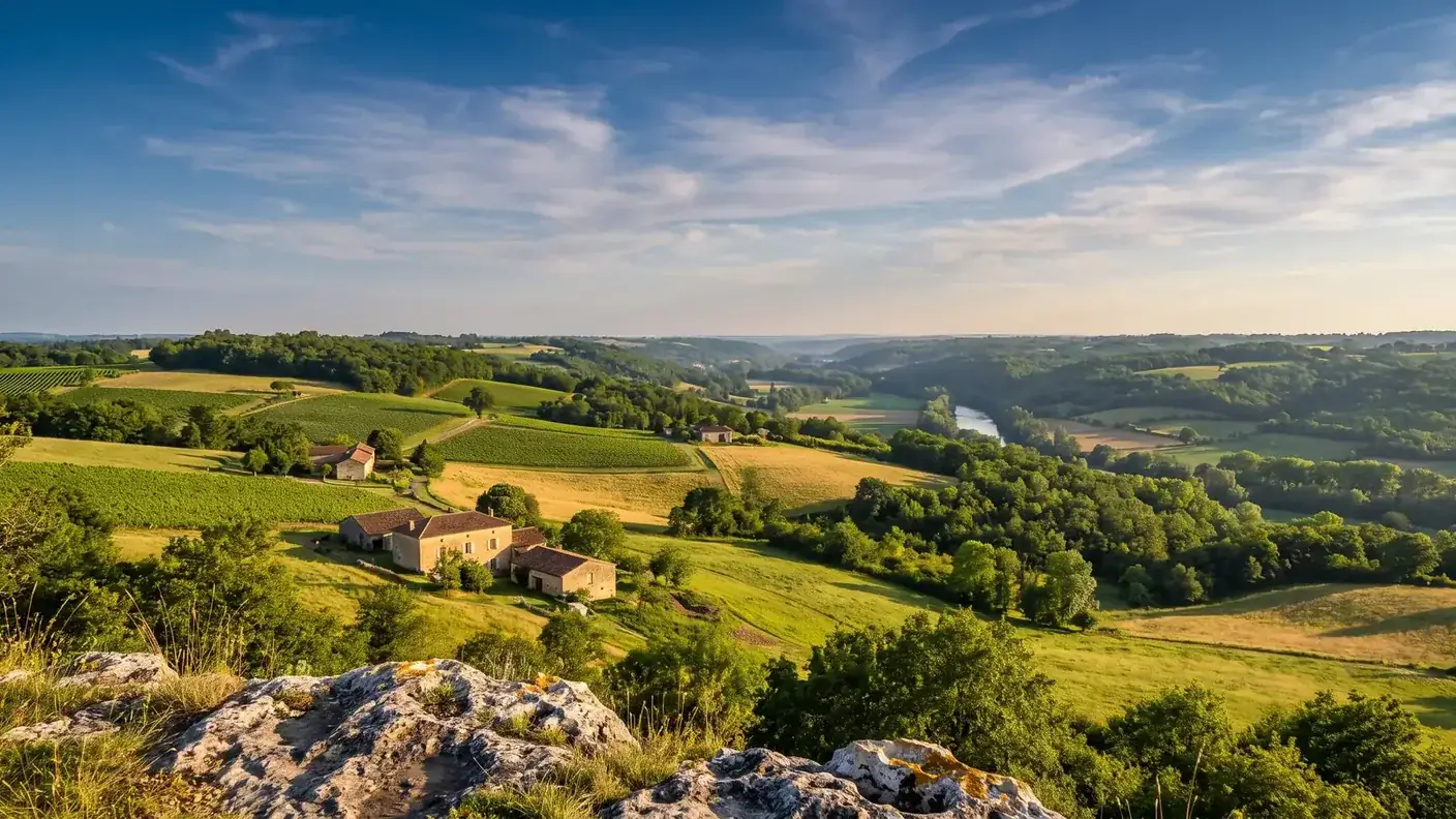 Un panorama depuis une crête calcaire du Sud-Charentais sur une vallée bocagère, vignes, champs et bois