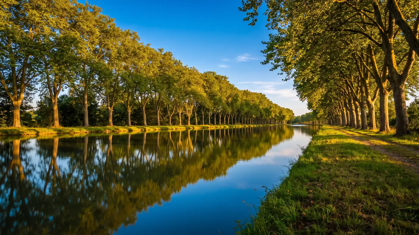 Canal de Garonne bordé de platanes près de Buzet-sur-Baïse