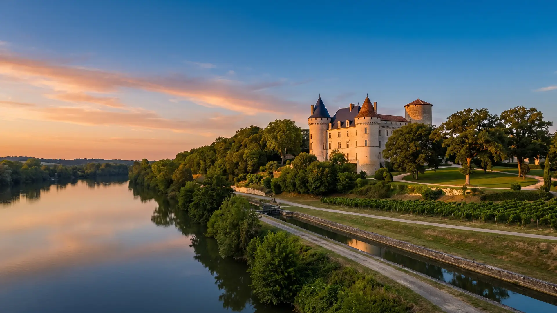 Château de Buzet sur sa colline boisée au-dessus des vignes
