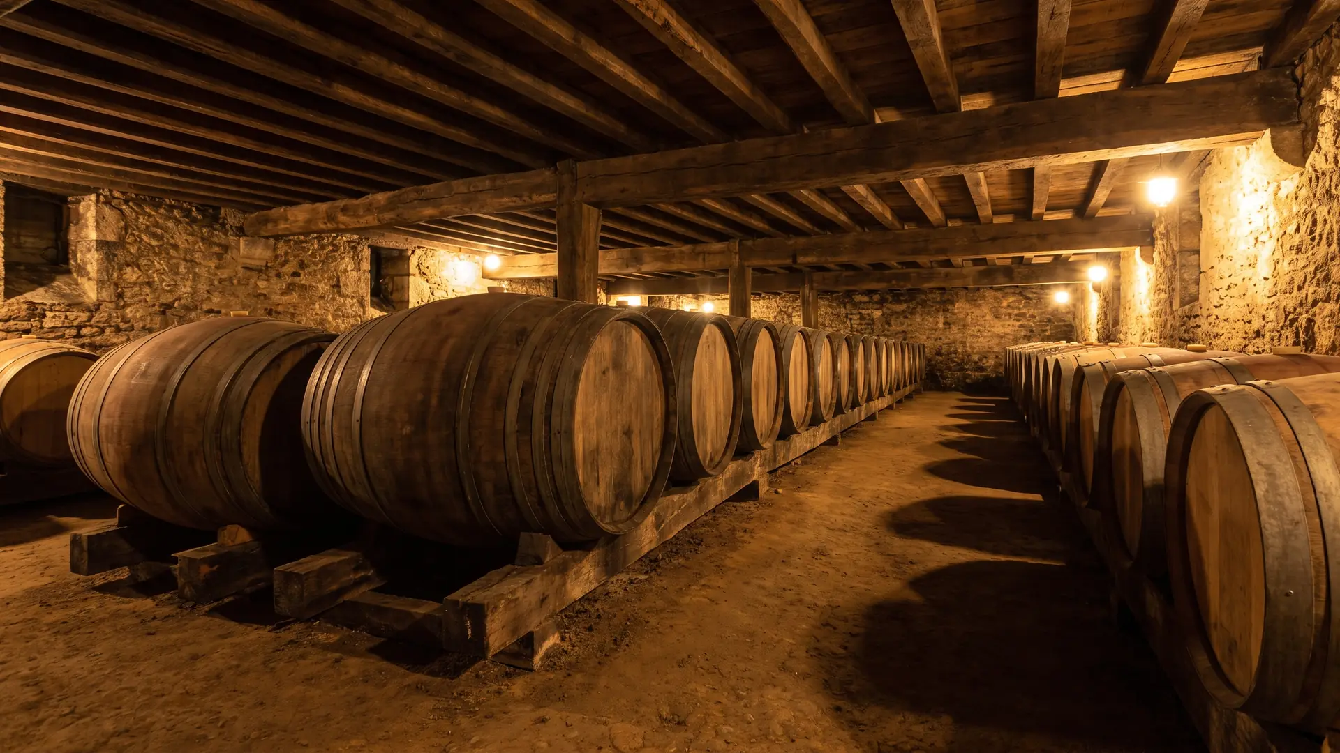 Rangées de barriques dans un chai des Vignerons de Buzet