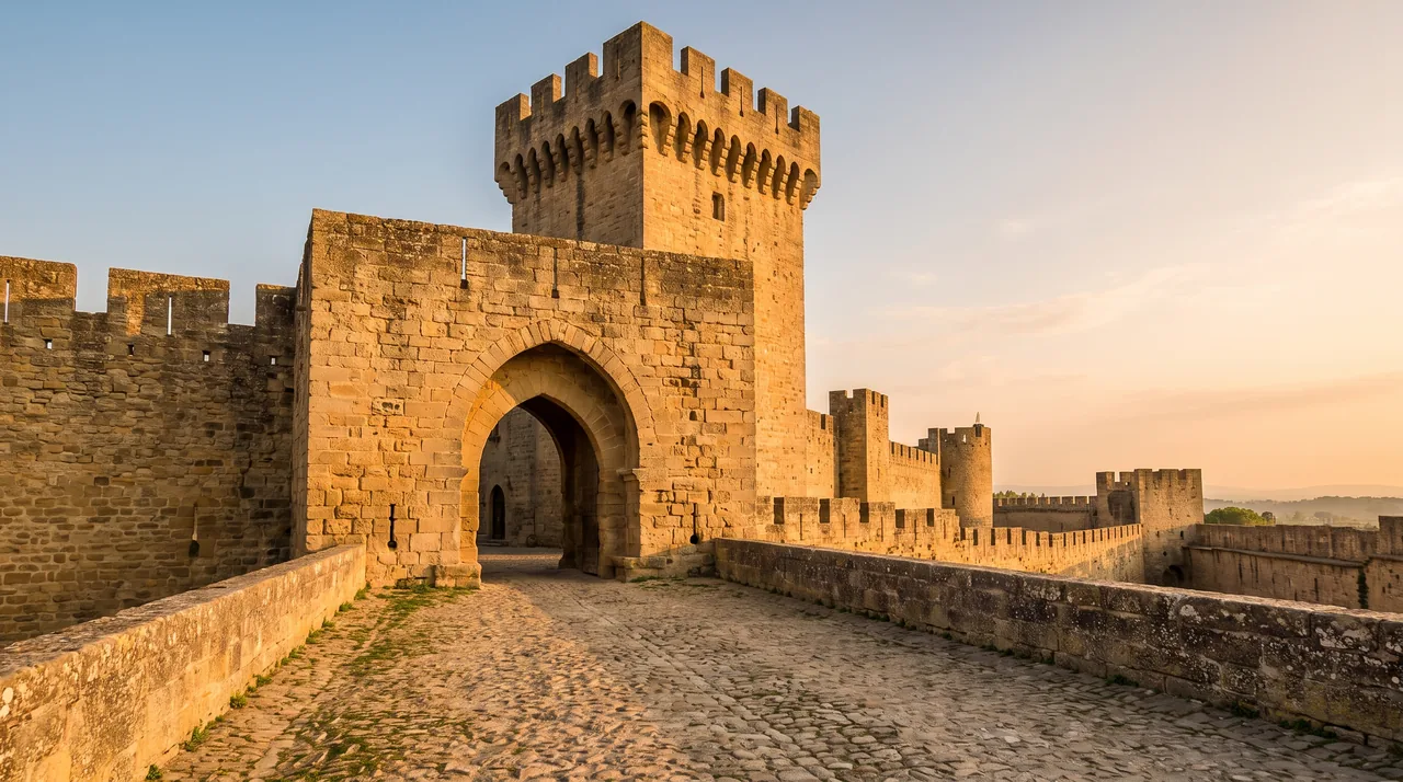 Porte médiévale en pierre et tour crénelée des remparts de la bastide de Cadillac, lumière chaude de fin de journée