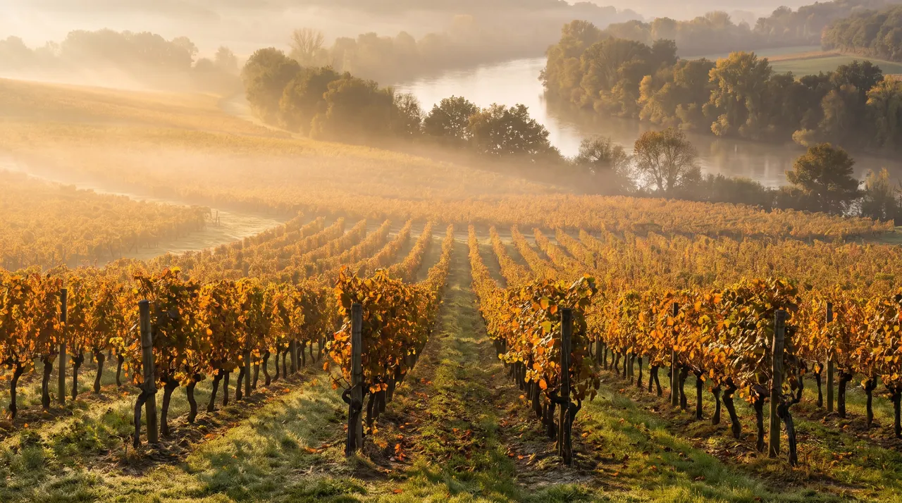 Vignes dorées d'automne sous la brume matinale sur les coteaux au-dessus de la Garonne près de Cadillac, lumière rasante