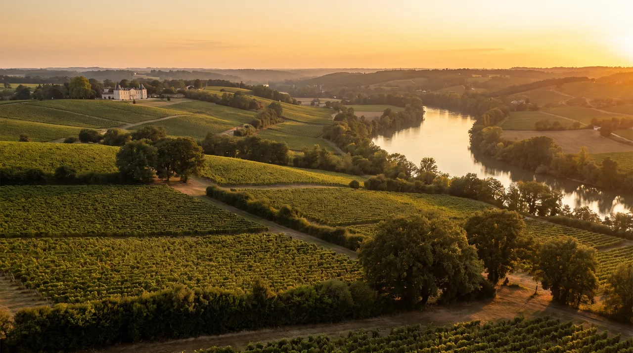 Coteaux viticoles de la rive droite de la Garonne près de Cadillac au coucher du soleil, vignes et château au loin
