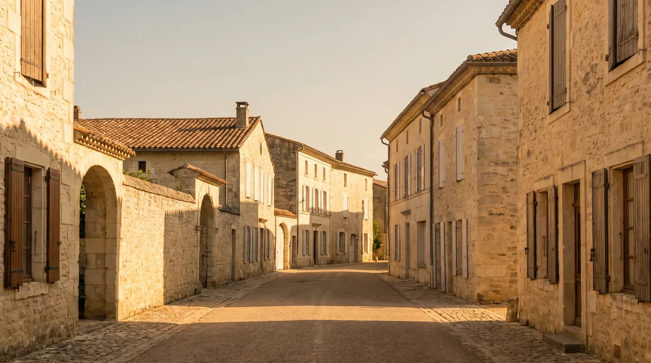 Ruelle déserte d'une petite ville de pierre claire aux toits de tuiles près de Cadillac, lumière chaude