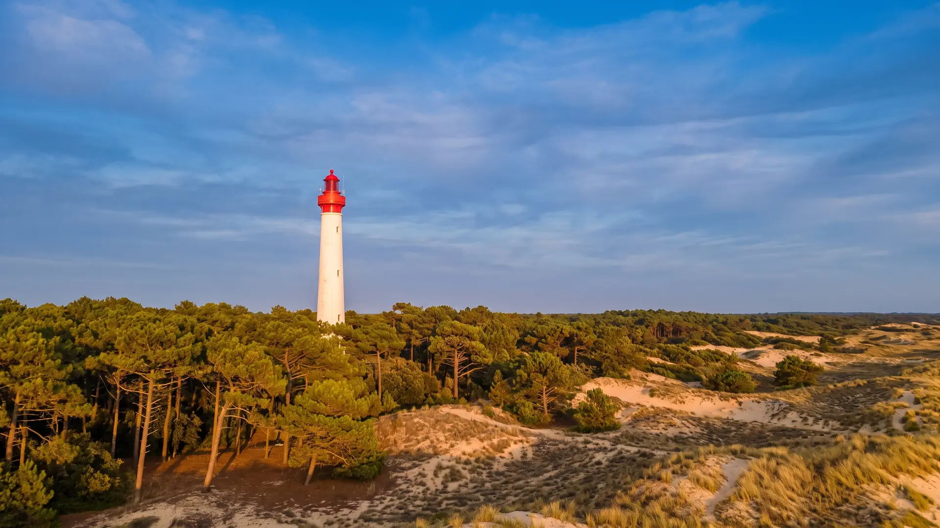 Le phare de la Coubre dominant la forêt de pins et les dunes de la presqu'île d'Arvert, près du camping Atlantique Parc