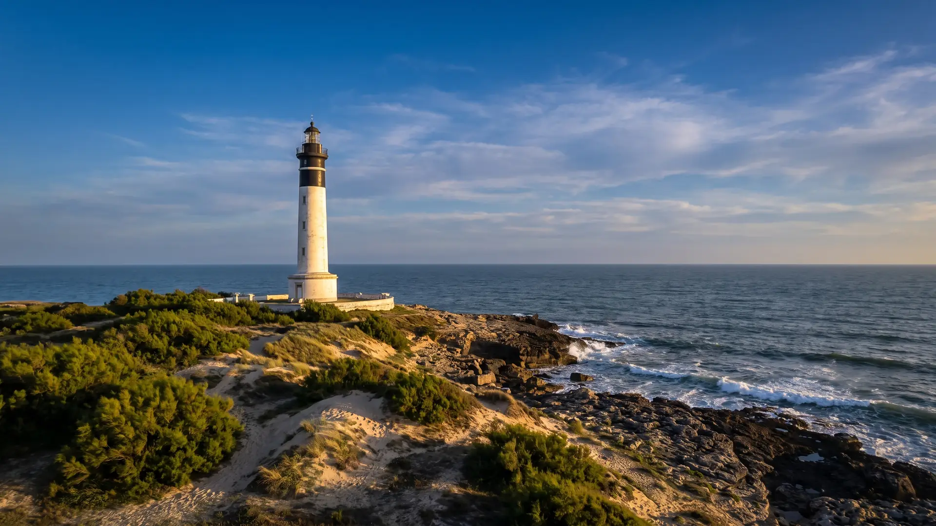 Le phare de Chassiron, tour blanche à bandes noires, à la pointe de l'île d'Oléron, près du camping Séquoia Parc