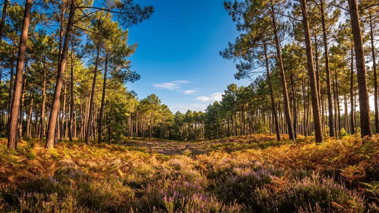 Une clairière dans la forêt de pins des Landes près de Biscarrosse, près du camping Domaine de la Rive
