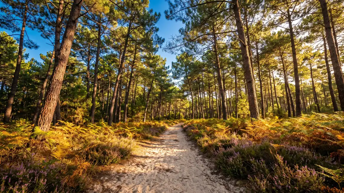 Un sentier de sable serpentant dans la forêt de pins du Porge, hauts pins et fougères dorées, près du camping La Grigne