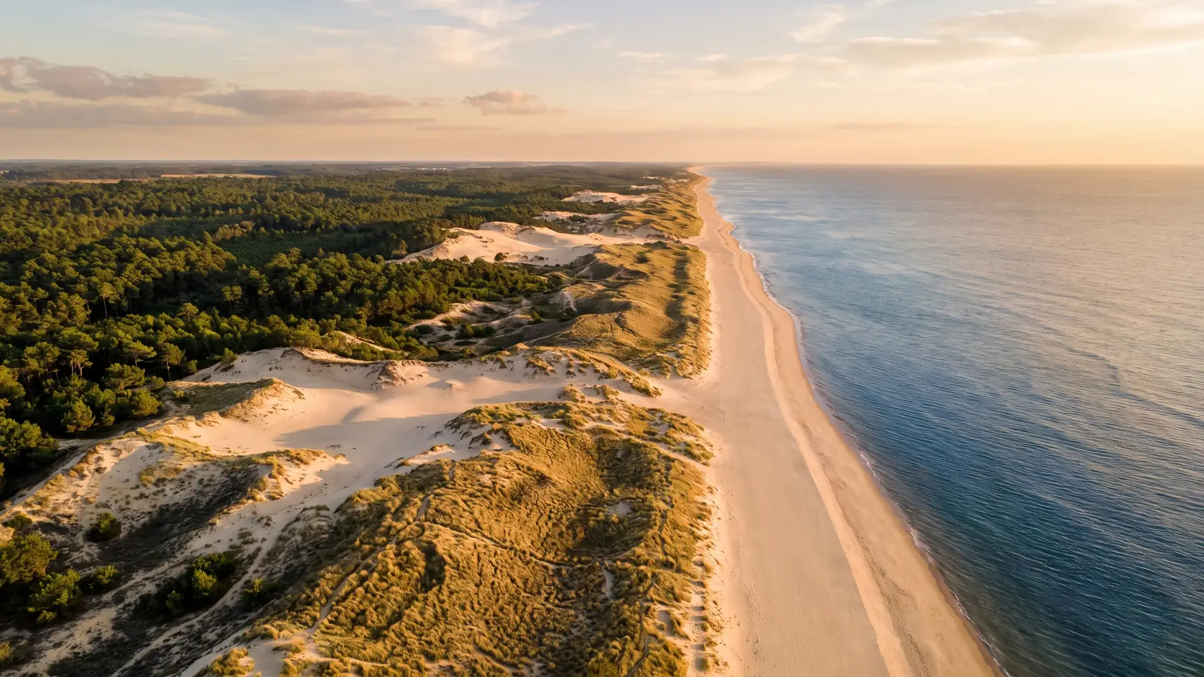 La Côte d'Argent au Porge, forêt de pins et dunes sauvages vers l'Atlantique, près du camping La Grigne