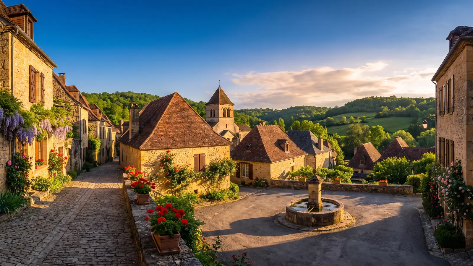 Maisons de pierre et église du village de Daglan