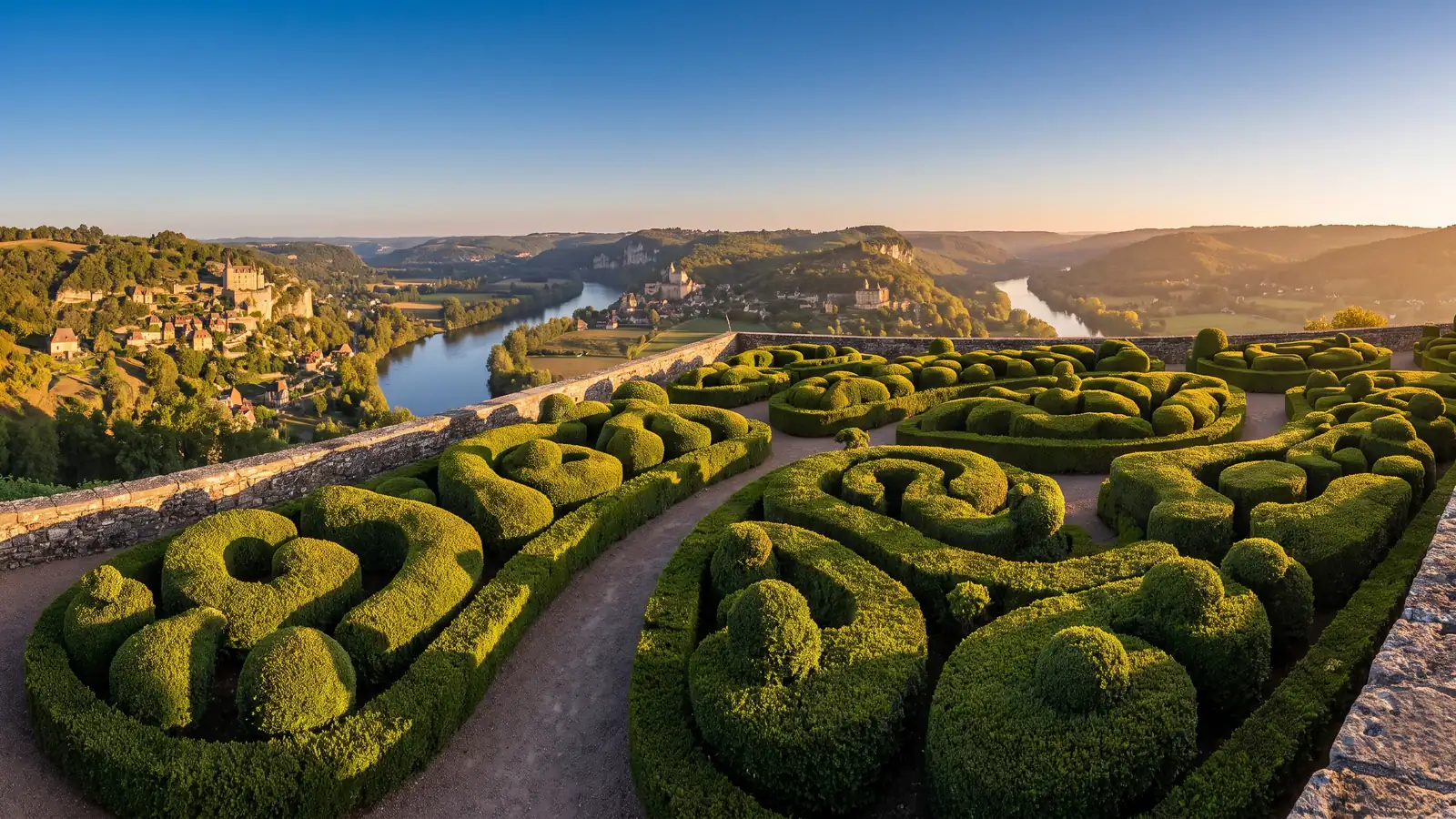 Buis taillés des jardins de Marqueyssac face à la Dordogne