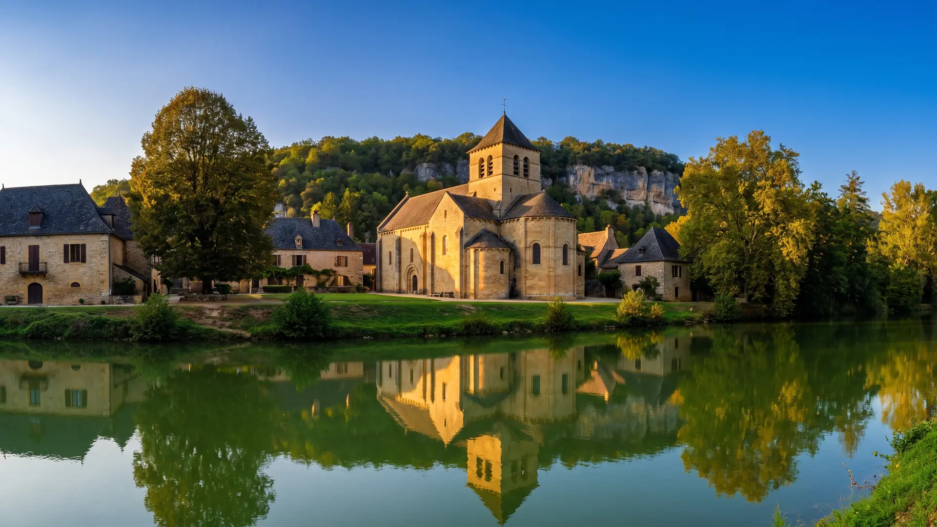 Église romane de Saint-Léon-sur-Vézère au bord de la rivière