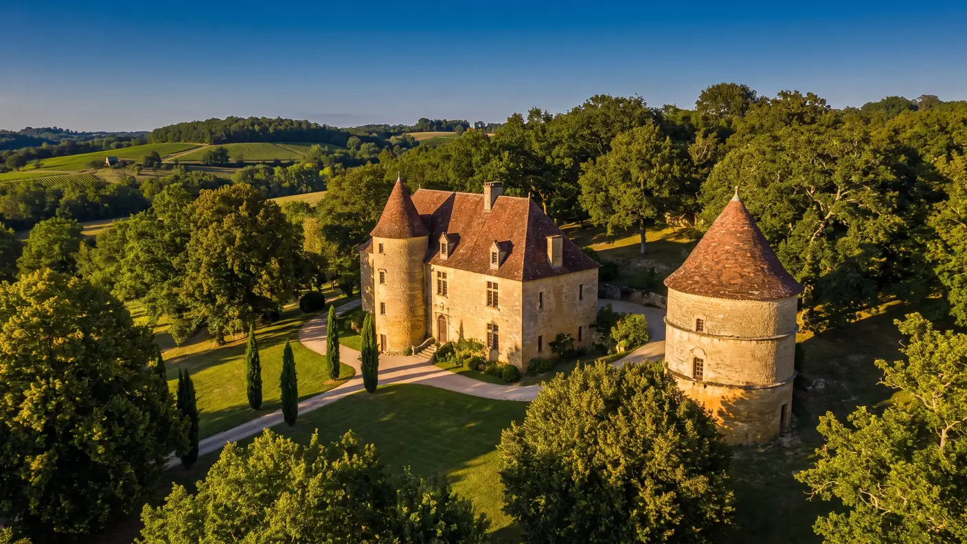 Manoir périgourdin en pierre dans la campagne boisée près de Sarlat