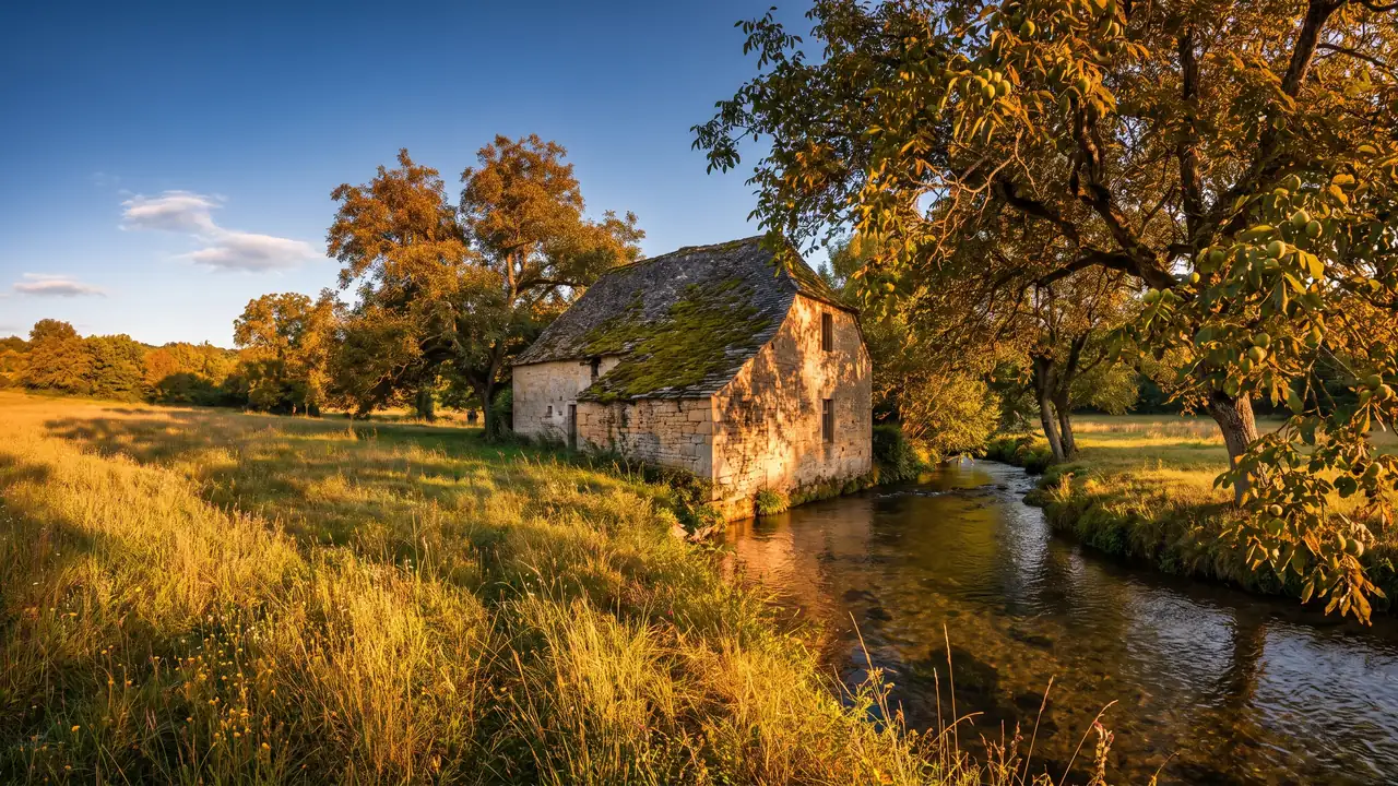 Moulin à huile de noix en pierre au bord d'un ruisseau en Périgord noir