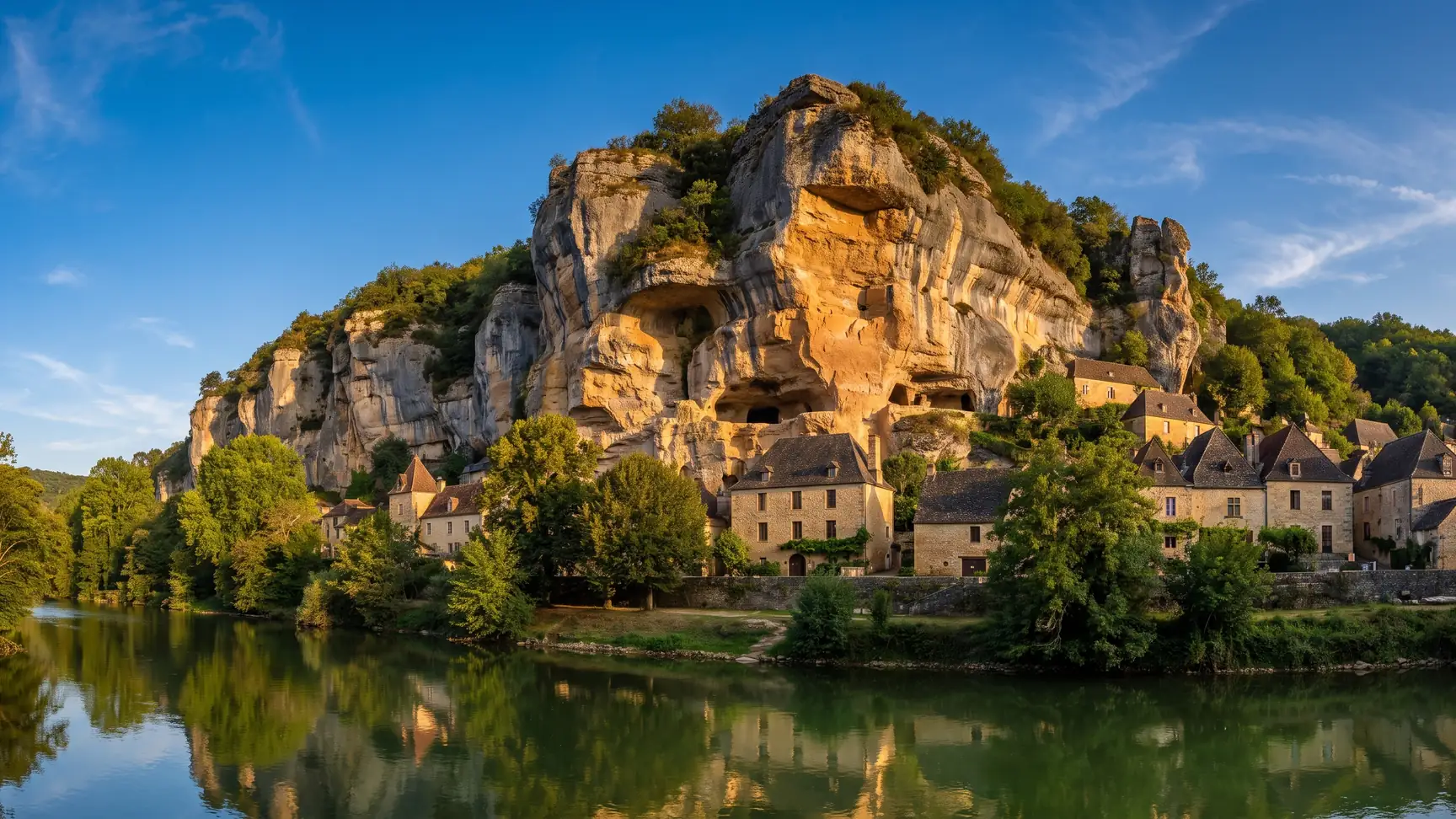 Falaise dominant le village des Eyzies au bord de la Vézère