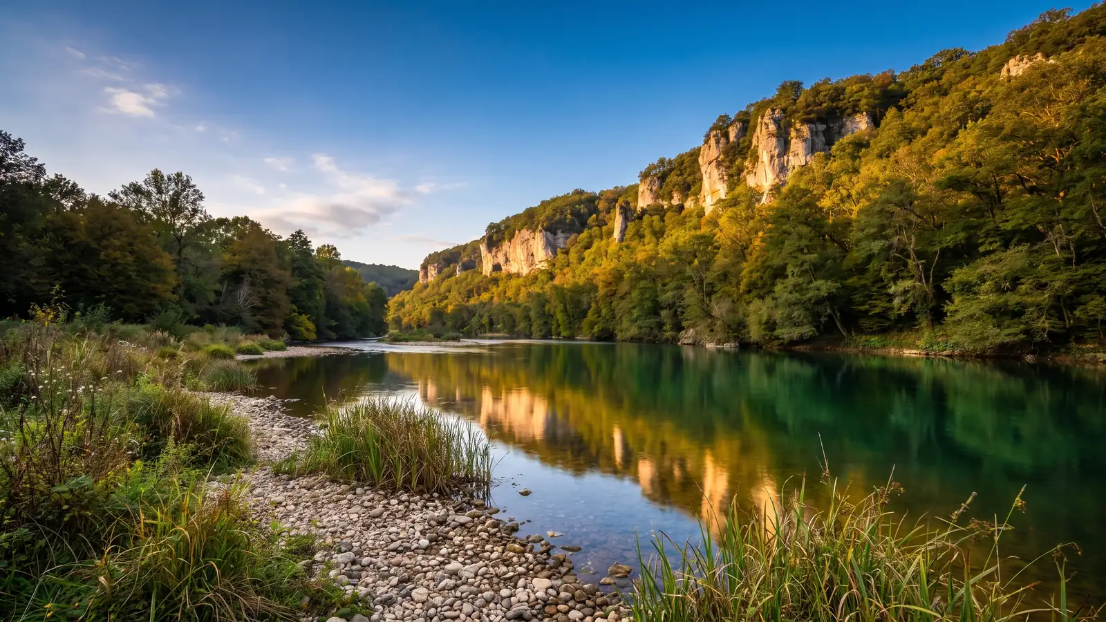 Vézère entre falaises calcaires et forêt près du Bugue