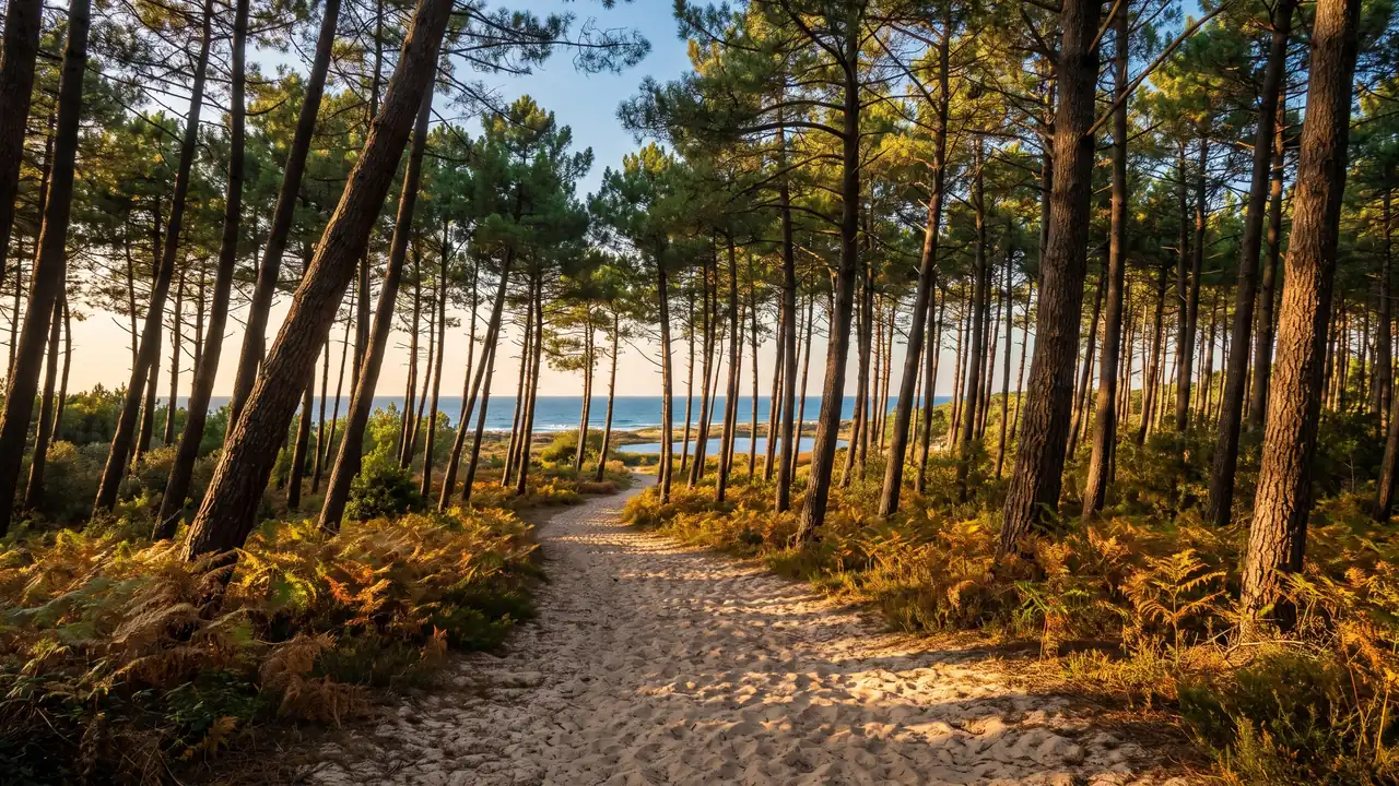 Un sentier dans la forêt de pins du Médoc près de Lacanau, près du Camping & Spa Airotel L'Océan