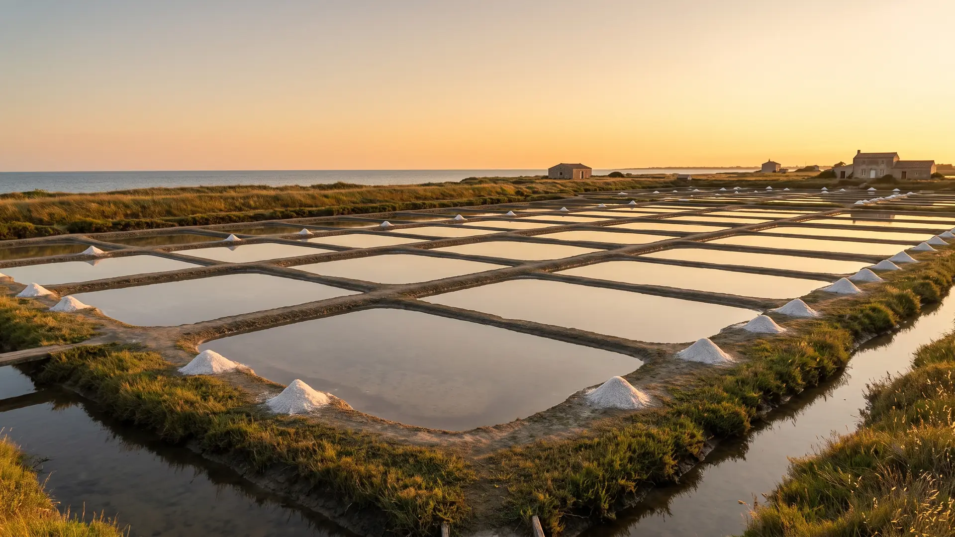Marais salants et tas de sel sur l'Île de Ré