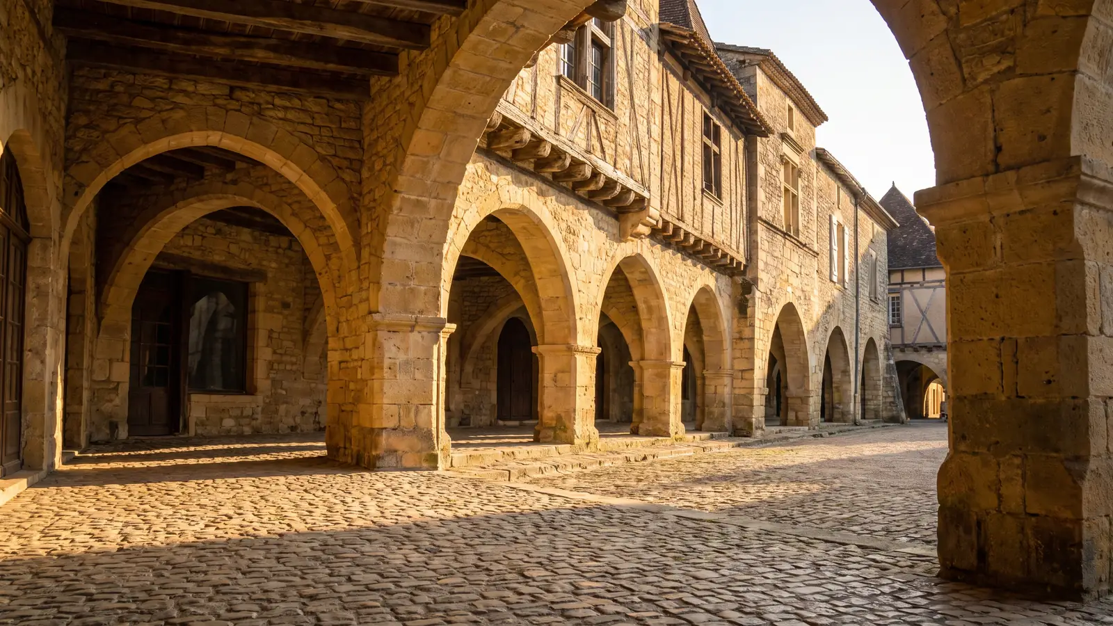 Les arcades de pierre de la place centrale de Monpazier, bastide du Périgord, près du camping Château de Fonrives