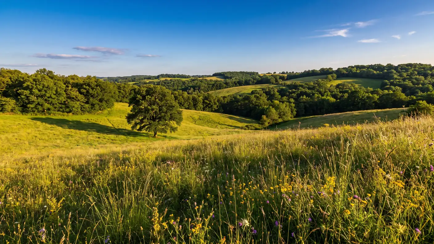 Collines de prairies et de bois du pays des bastides près de Villeréal, autour du camping Château de Fonrives
