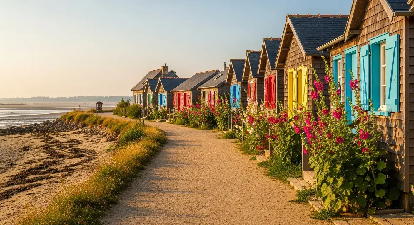 Village ostréicole de l'Herbe au Cap-Ferret, cabanes de bois colorées au bord du Bassin à marée basse, lumière chaude