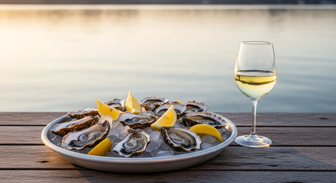 Assiette d'huîtres du Bassin d'Arcachon et parcs ostréicoles à marée basse au Cap-Ferret, pieux et cabanes de bois