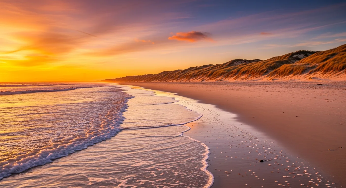 Plage océane déserte du Cap-Ferret au soleil couchant, longue étendue de sable clair, rouleaux atlantiques et dunes d'oyats