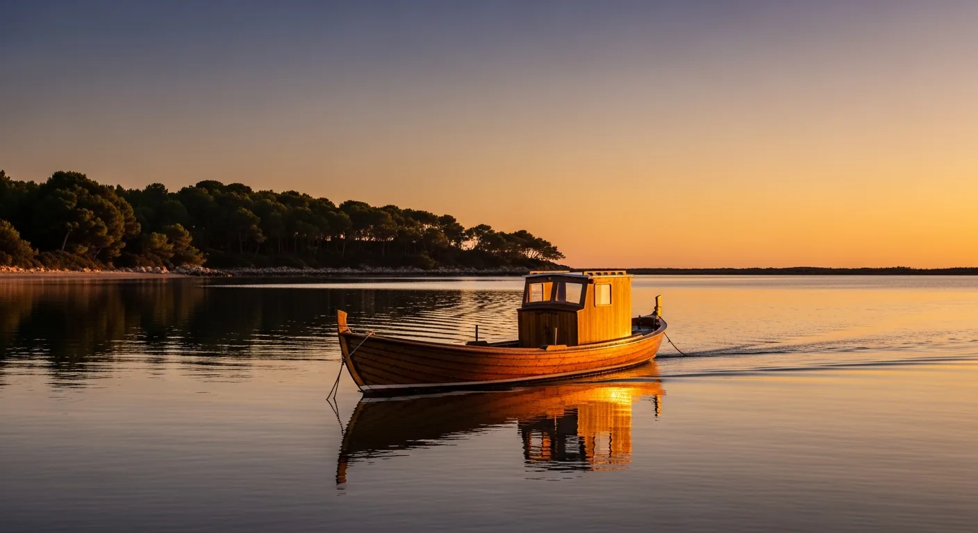 Pinasse de bois traditionnelle amarrée sur le Bassin d'Arcachon calme au Cap-Ferret au soleil couchant, rivage de pins