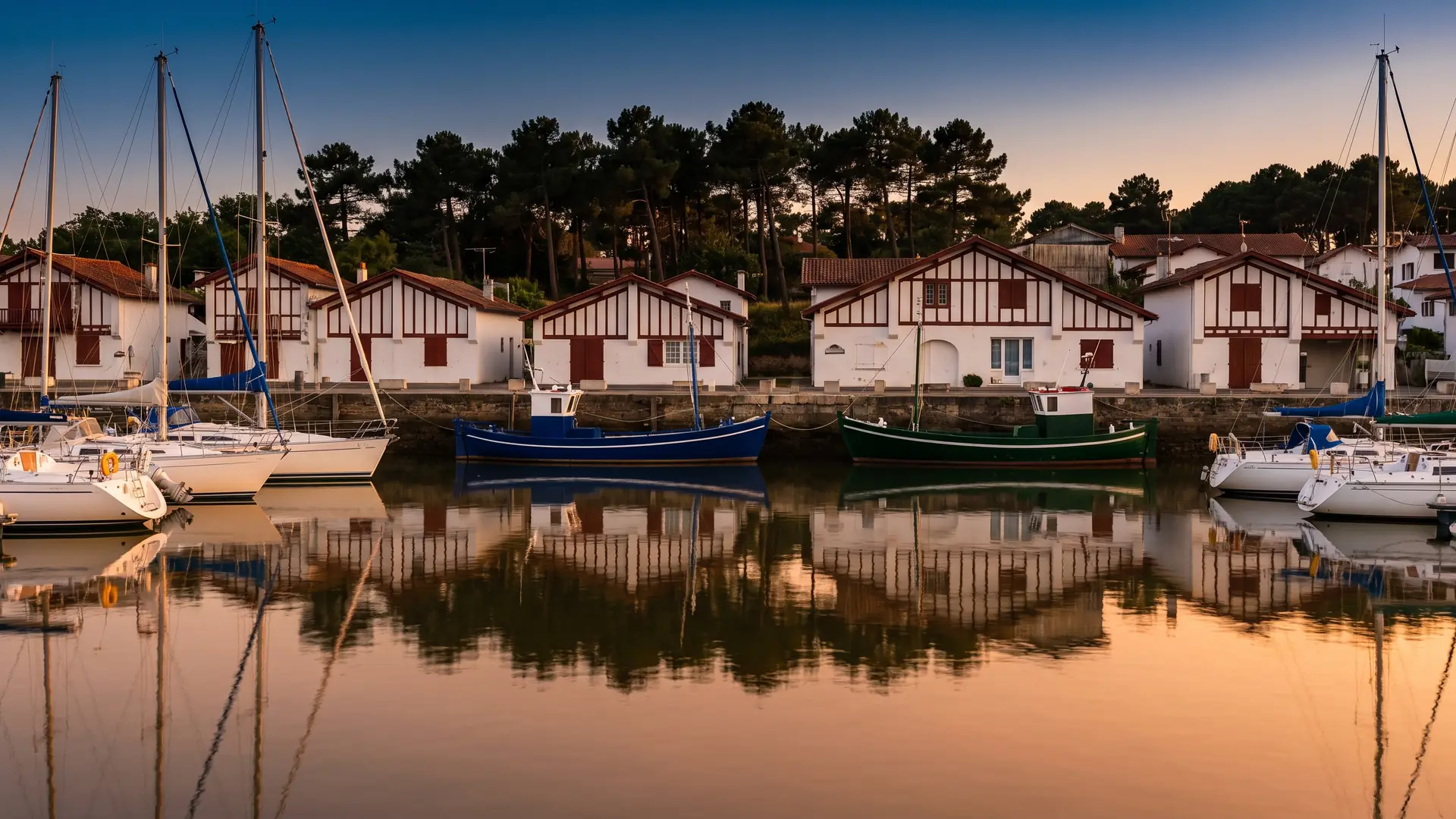Le petit port d'une ville landaise à l'heure dorée, voiliers amarrés et maisons basses à colombages sur le quai
