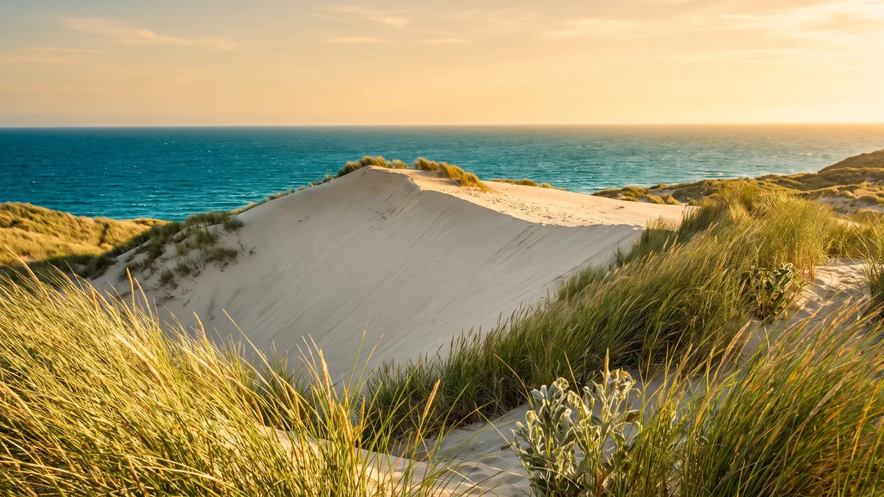 Haute dune de sable pâle couronnée d'oyats à Carcans sous un ciel doré, l'Atlantique miroitant au-delà de la crête