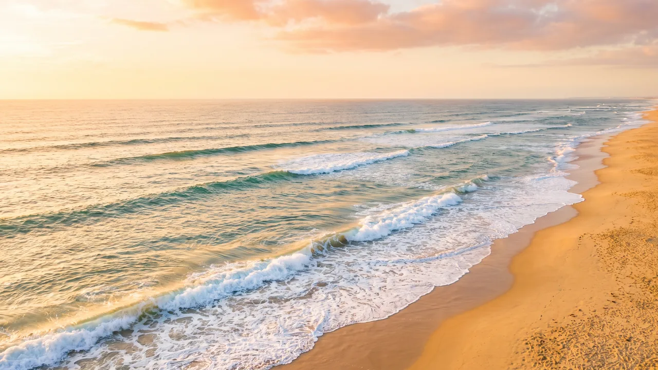 Lignes de houle atlantique déferlant en écume sur la plage déserte de Carcans au soleil couchant, eau turquoise et dorée