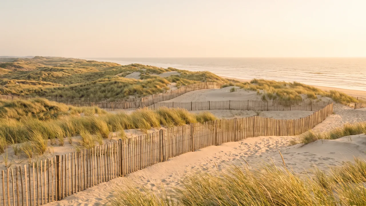 Barrières de bois (ganivelles) traversant une dune d'oyats vers l'océan à Carcans, lumière chaude de l'après-midi, sable pâle