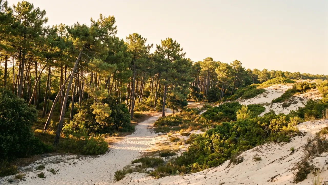 Forêt de pins maritimes rejoignant l'arrière des hautes dunes à Carcans, lumière dorée entre les troncs et la crête de sable