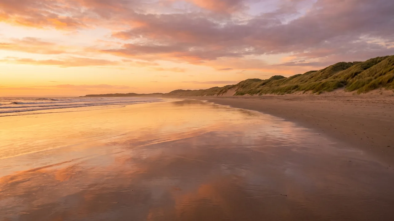 Large plage de Carcans à marée basse, étendue de sable humide miroitant sous un ciel doré, houle au loin et dunes d'oyats
