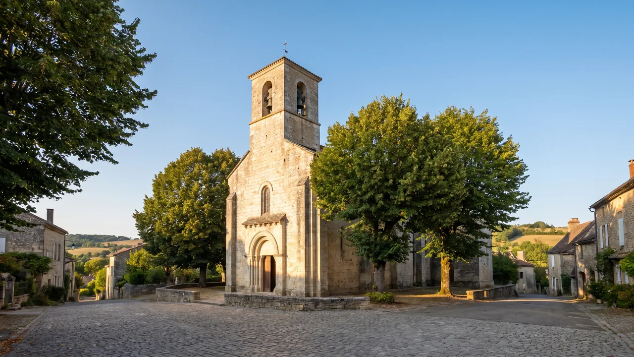 Modeste église ancienne en pierre claire à Carcans, clocher carré parmi les arbres, lumière chaude de fin de journée