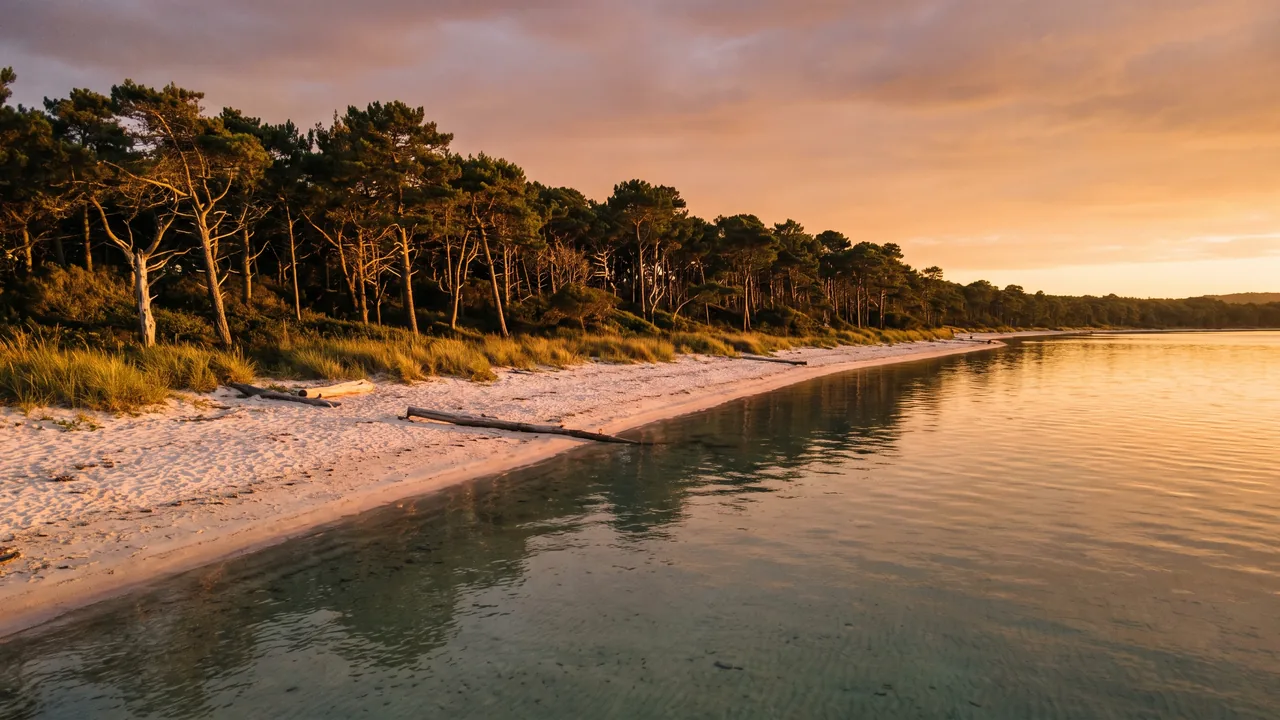 Plage lacustre de sable au bord du lac à Maubuisson près de Carcans, eau douce claire bordée de pins maritimes, reflets