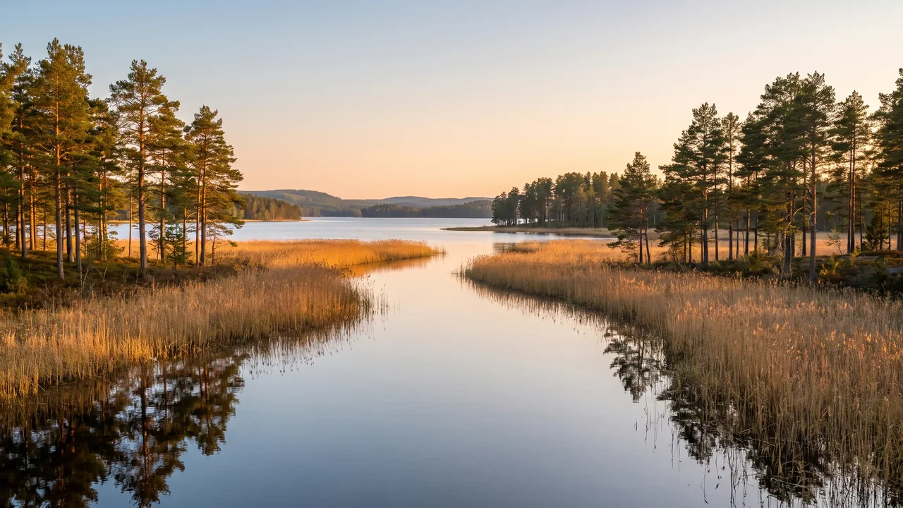 Chenal d'eau douce clair serpentant entre roseaux et pins maritimes vers le lac près de Carcans, eau lisse et lumière dorée